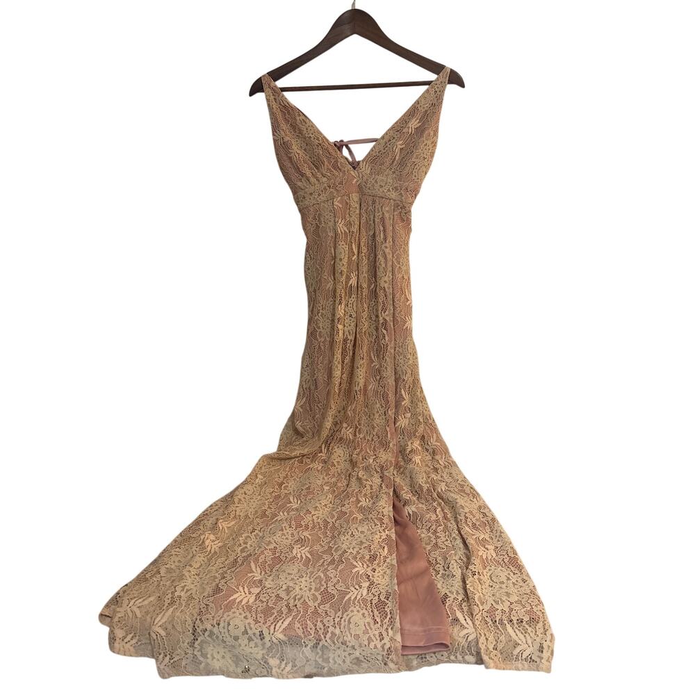 NWT LuLu's Maxi Formal Pink Ivory Lace w/ Front Slit Dress Size S